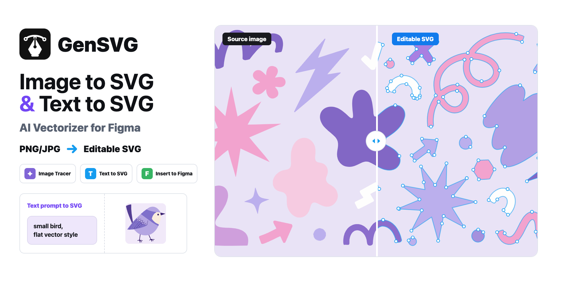 GenSVG Figma plugin banner showing source image shapes converted into editable SVG paths